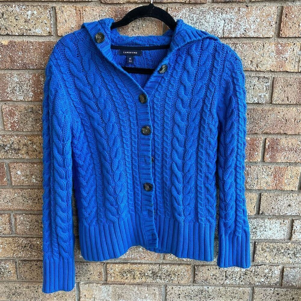 Lands' End Women's XS Blue Cable‎ Knit Button-Up Cardigan Sweater